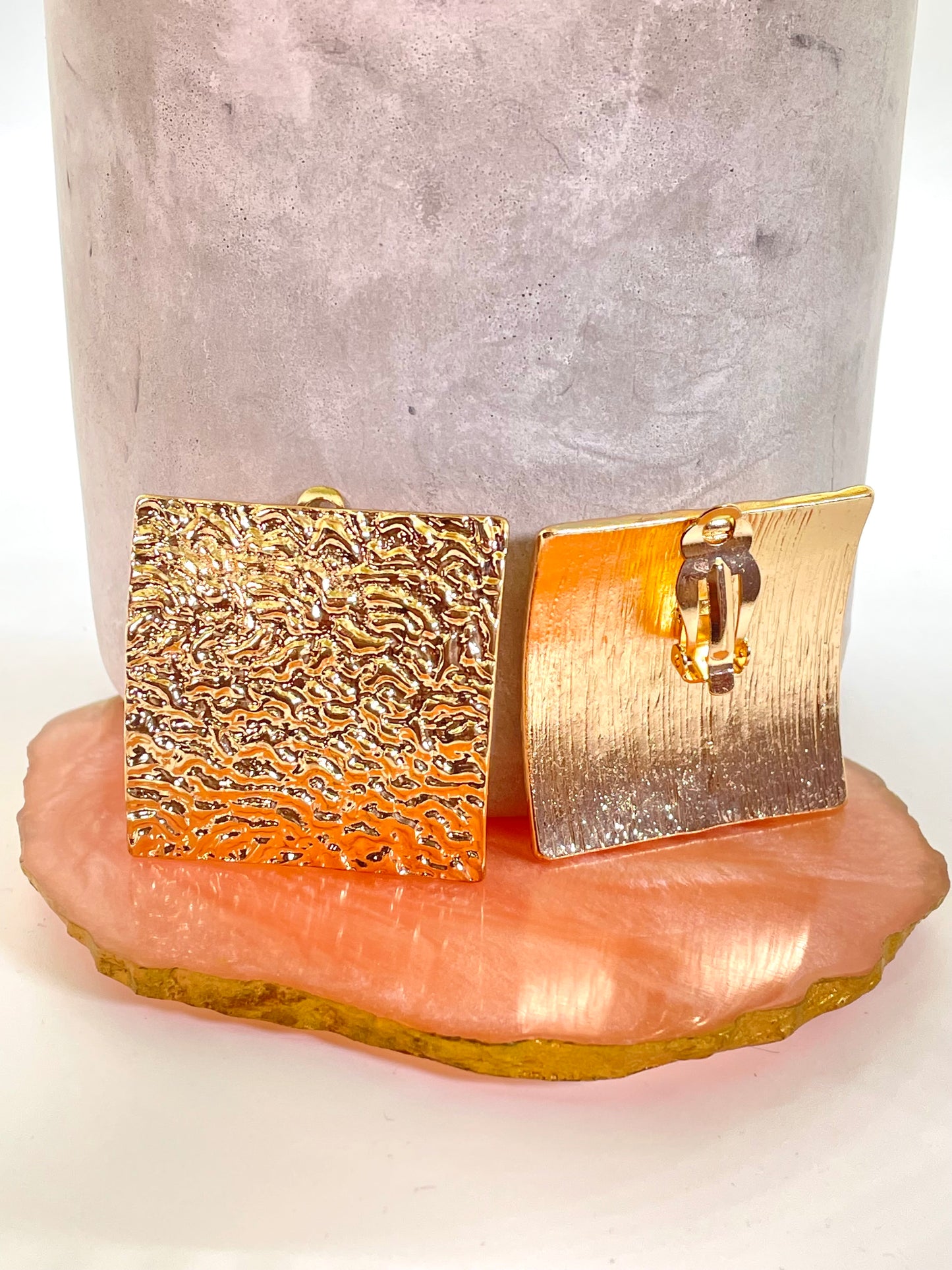 Gold Square Hammered Clip on Earrings