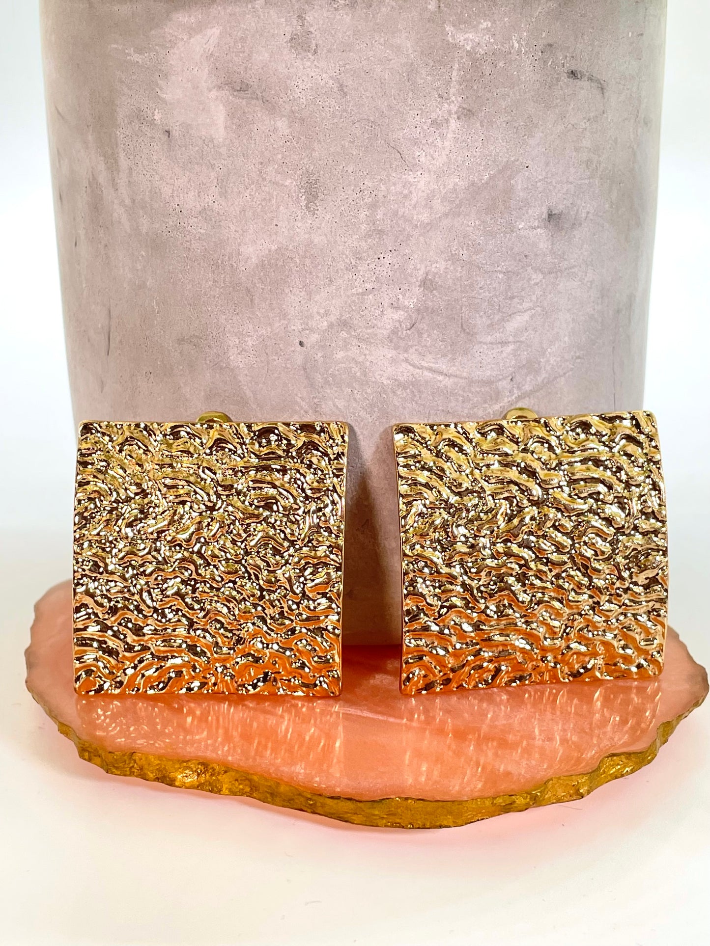 Gold Square Hammered Clip on Earrings